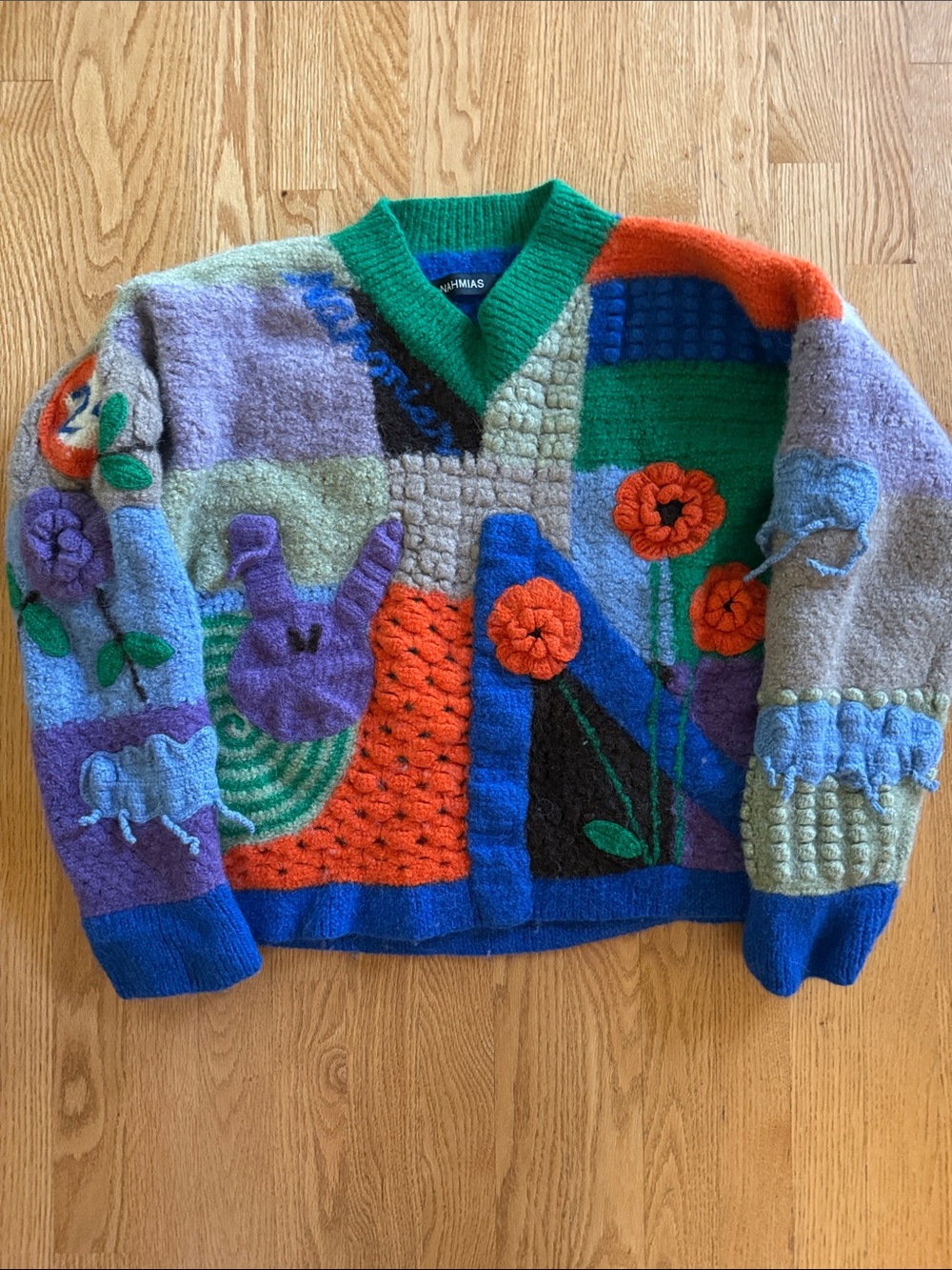 Nahmias Colorful Patchwork V-Neck Sweater with Floral Motif - Green/Blue/Orange